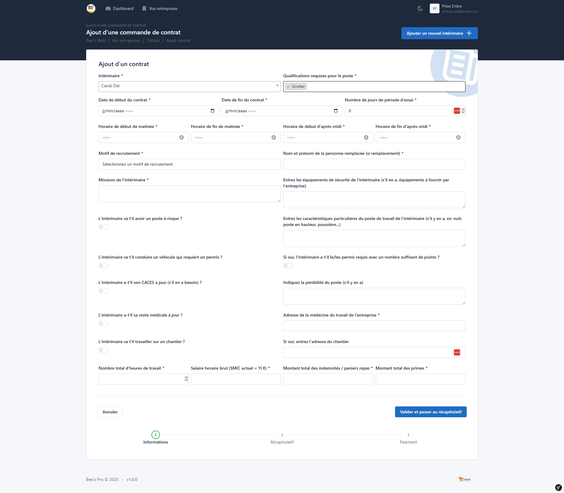 Page d'ajout d'une commande de contrat intérimaire