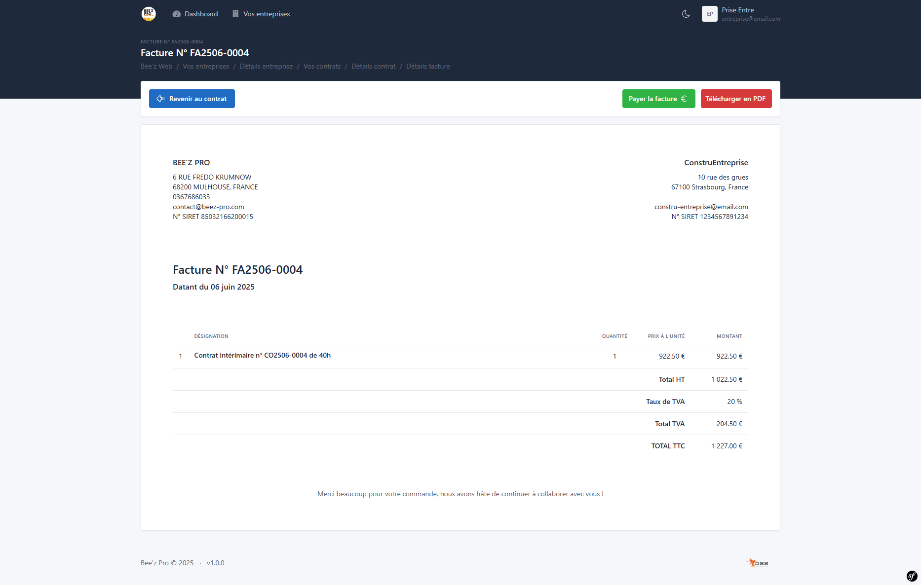 Facture de commande de contrat intérimaire