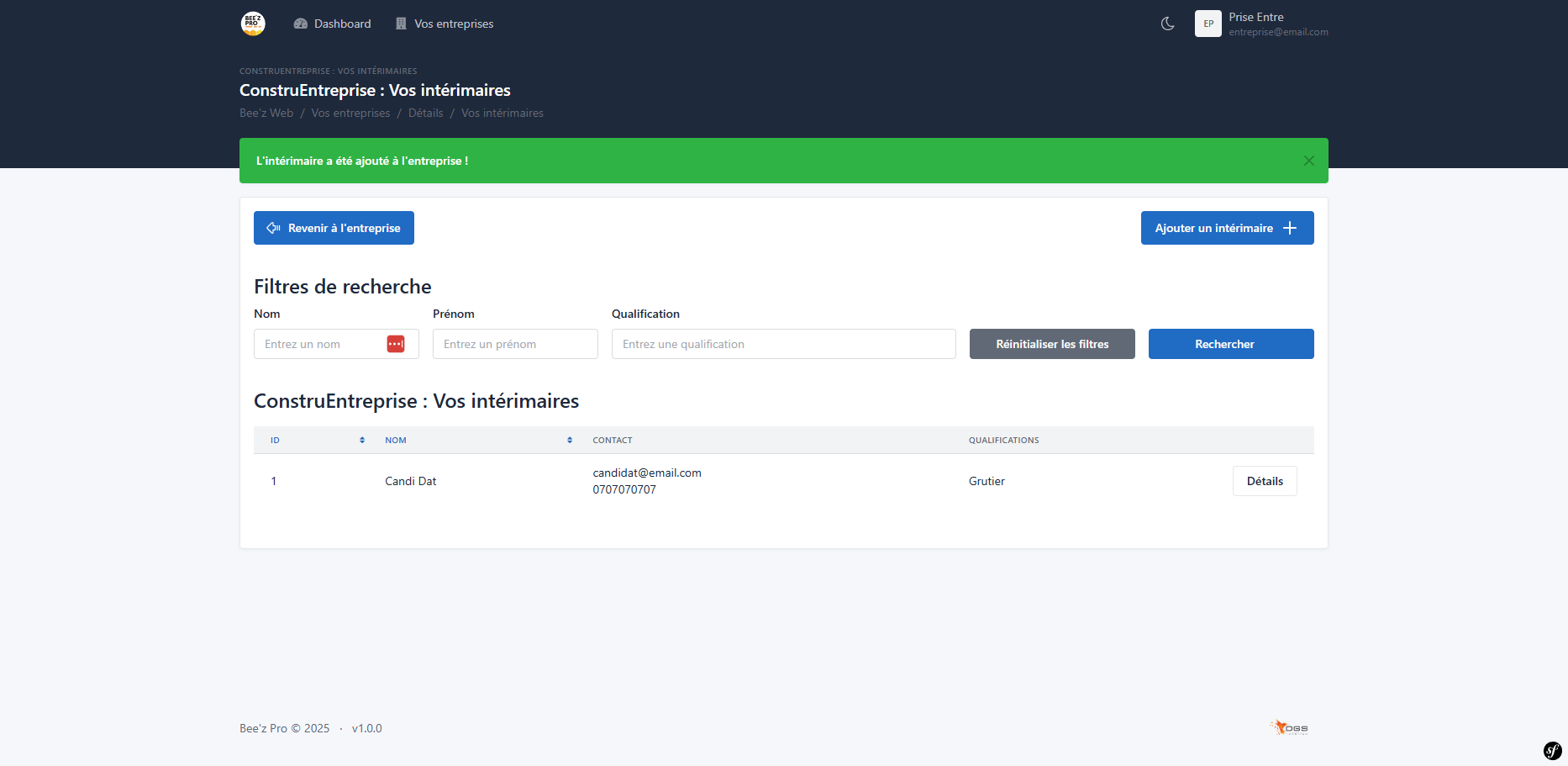 Page listant les intérimaires d'une entreprise
