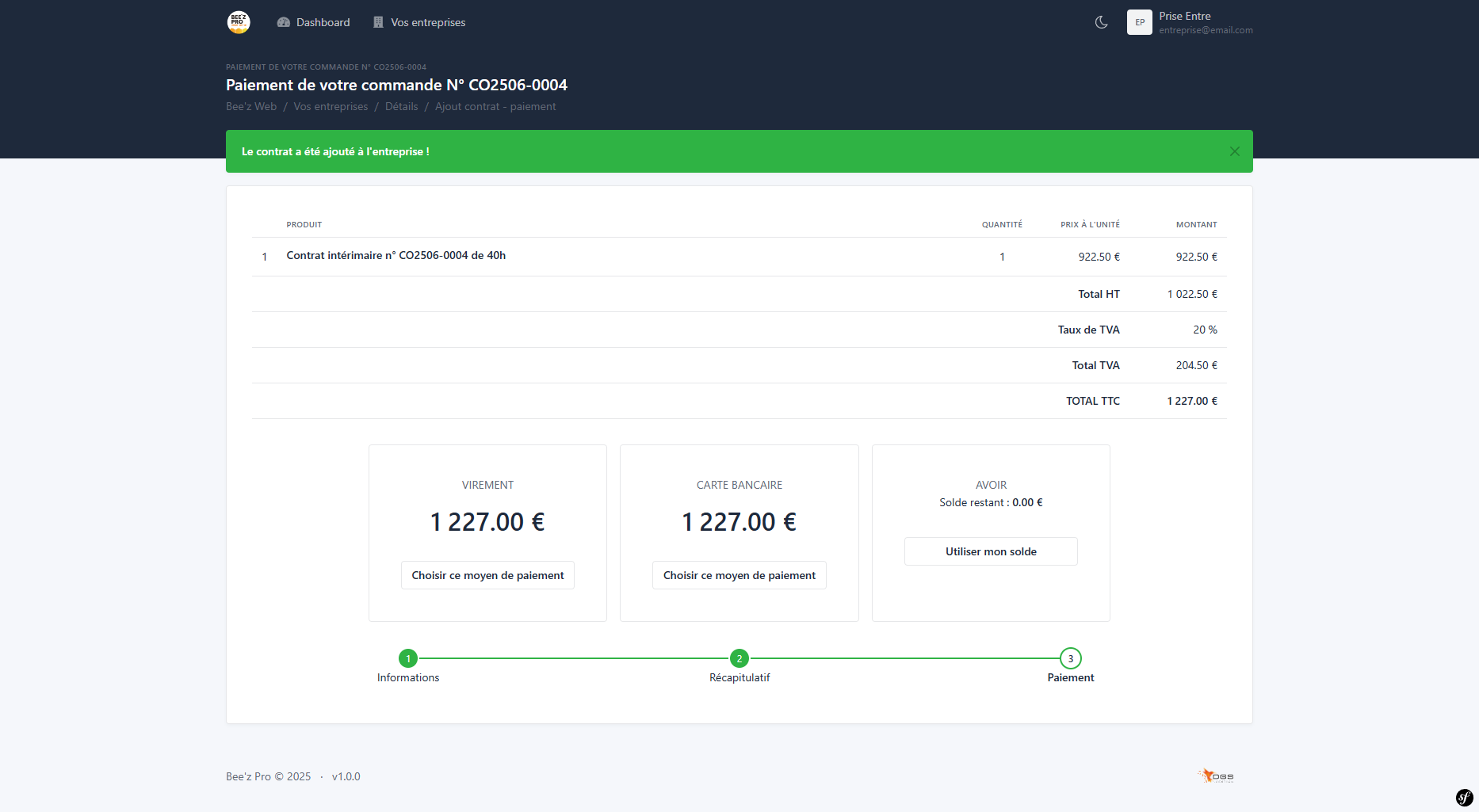 Page de paiement de commande de contrat intérimaire