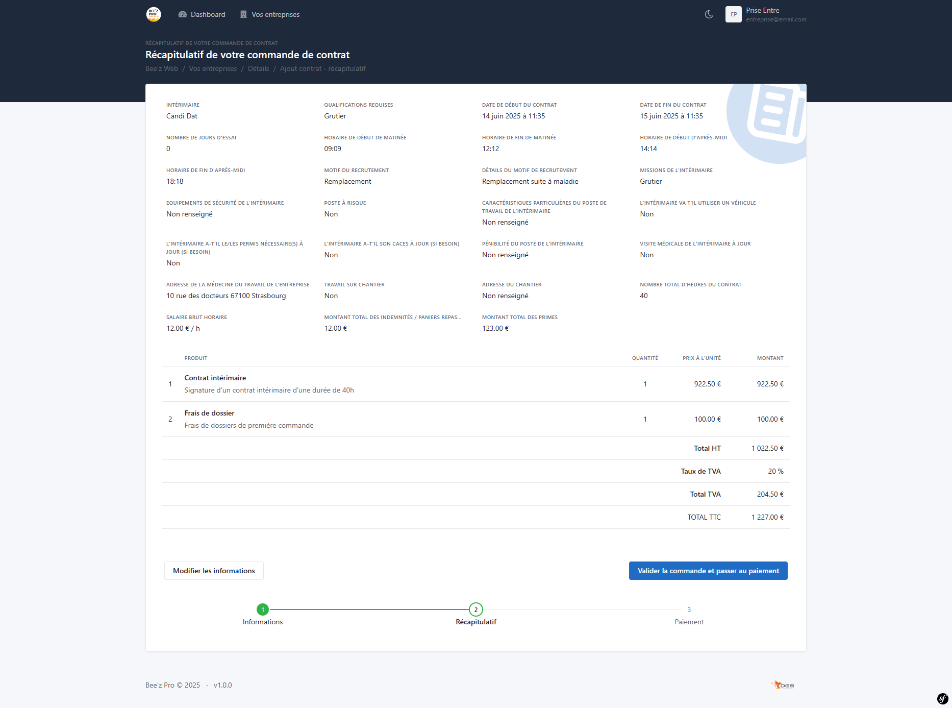 Page de récapitulatif de commande de contrat intérimaire