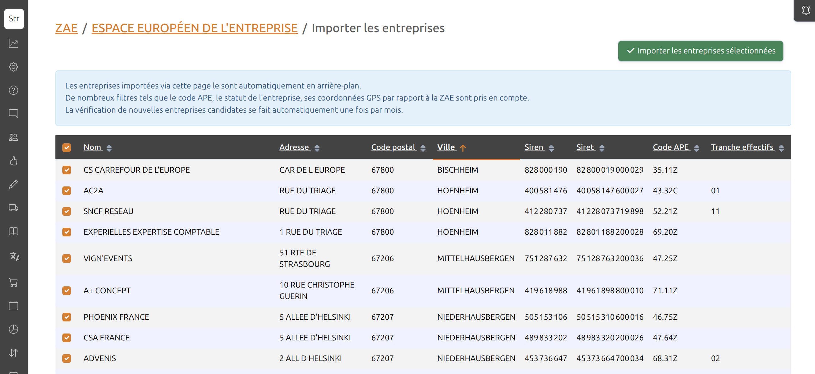Liste des entreprises à importer