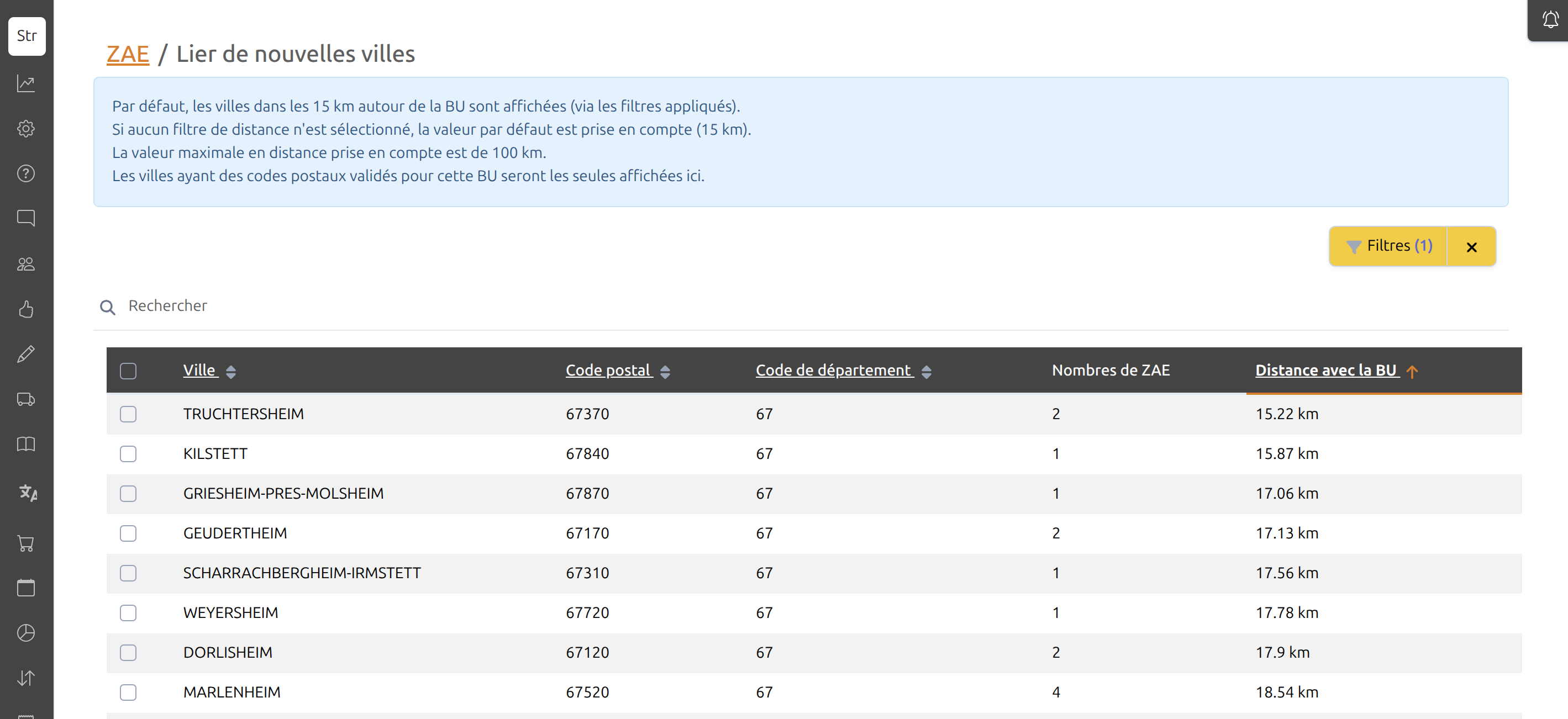 Page des villes à associer
